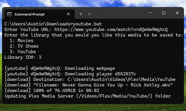 Batch script automatically downloading YouTube videos to a Plex library.